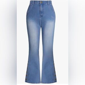 Bell Bottom High Waist Wide Leg Jeans with Button Slit Hem